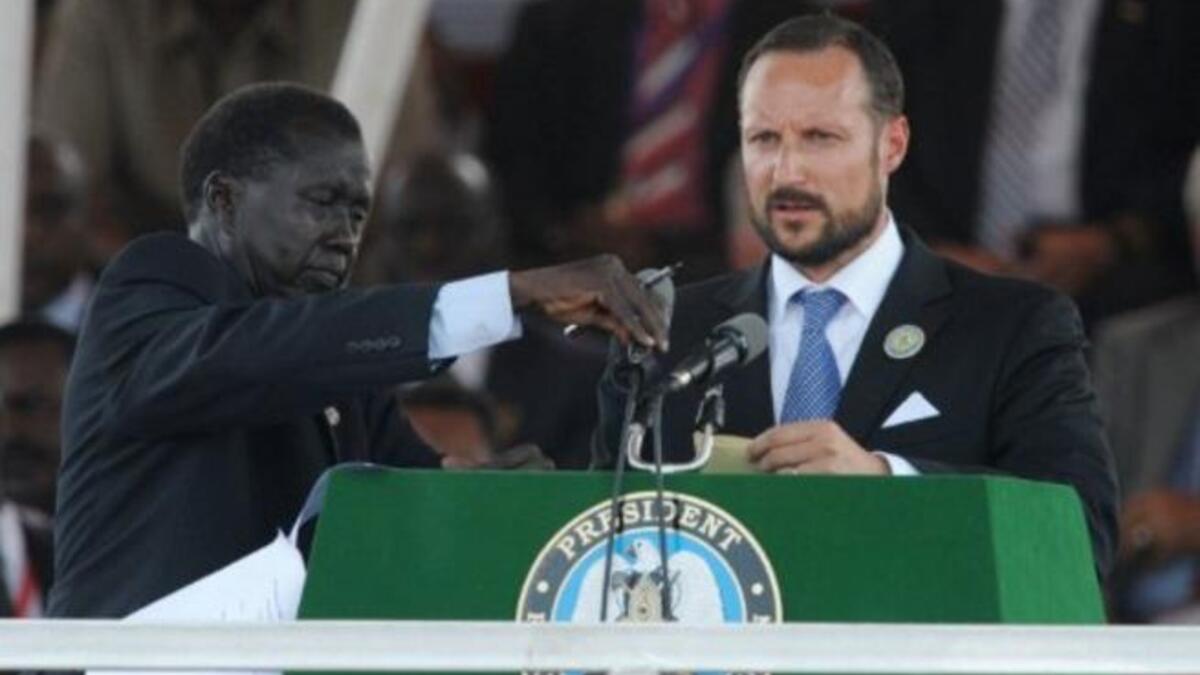 Haakon, The Crown Prince of Norway, gets ready to speaks during the ceremony in the capital Juba.