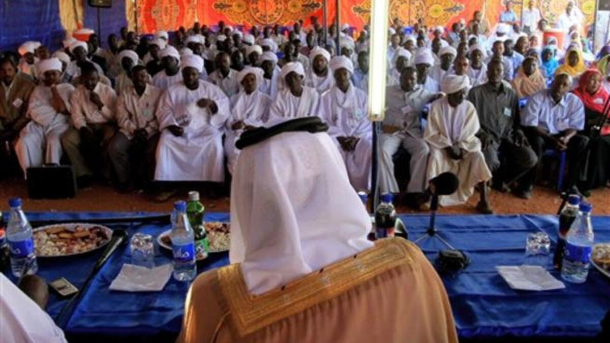 Qatari Minister of State for Foreign Affairs Ahmed bin Abdullah al-Mahmud, whose country has been hosting for months peace talks between the Khartoum government and Darfur rebel groups, gives a speech in Geneina.