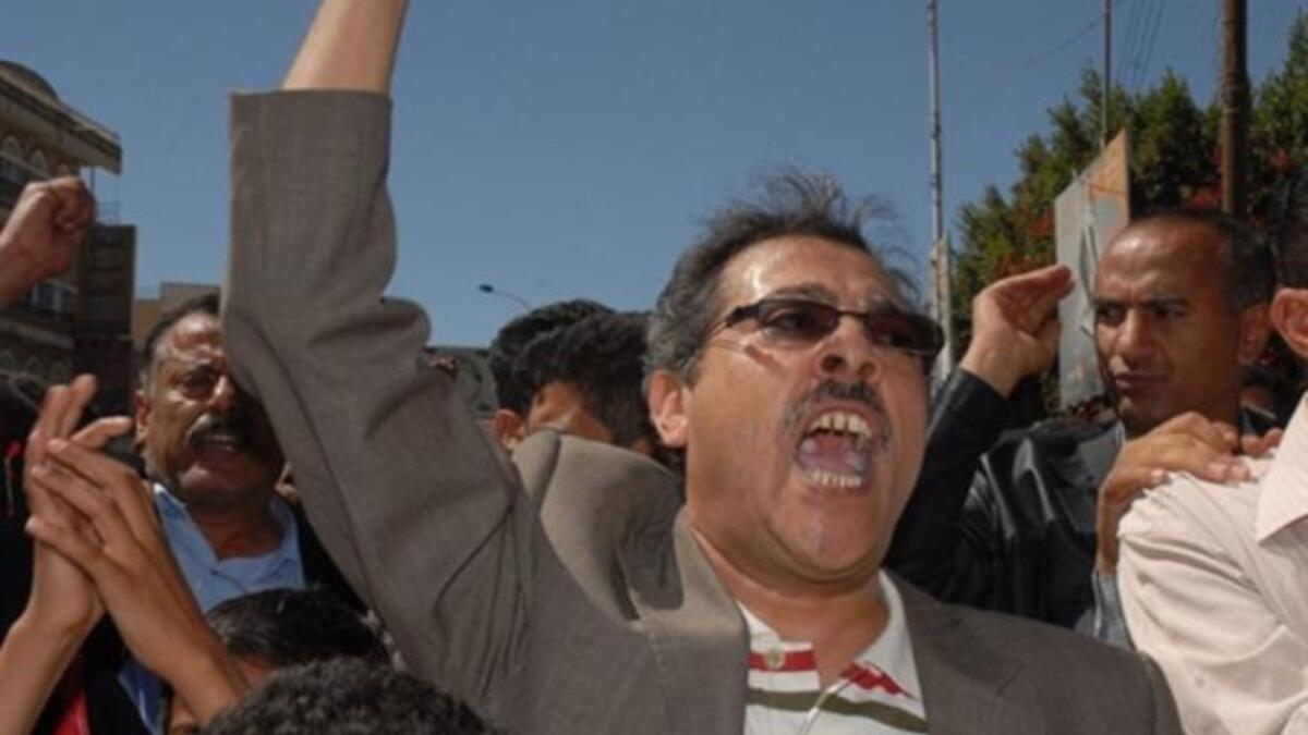 Yemeni opposition journalist Abdel Karim al-Khaiwani joins a protest calling for the ouster of Yemen's President Ali Abdullah Saleh in the capital Sanaa.