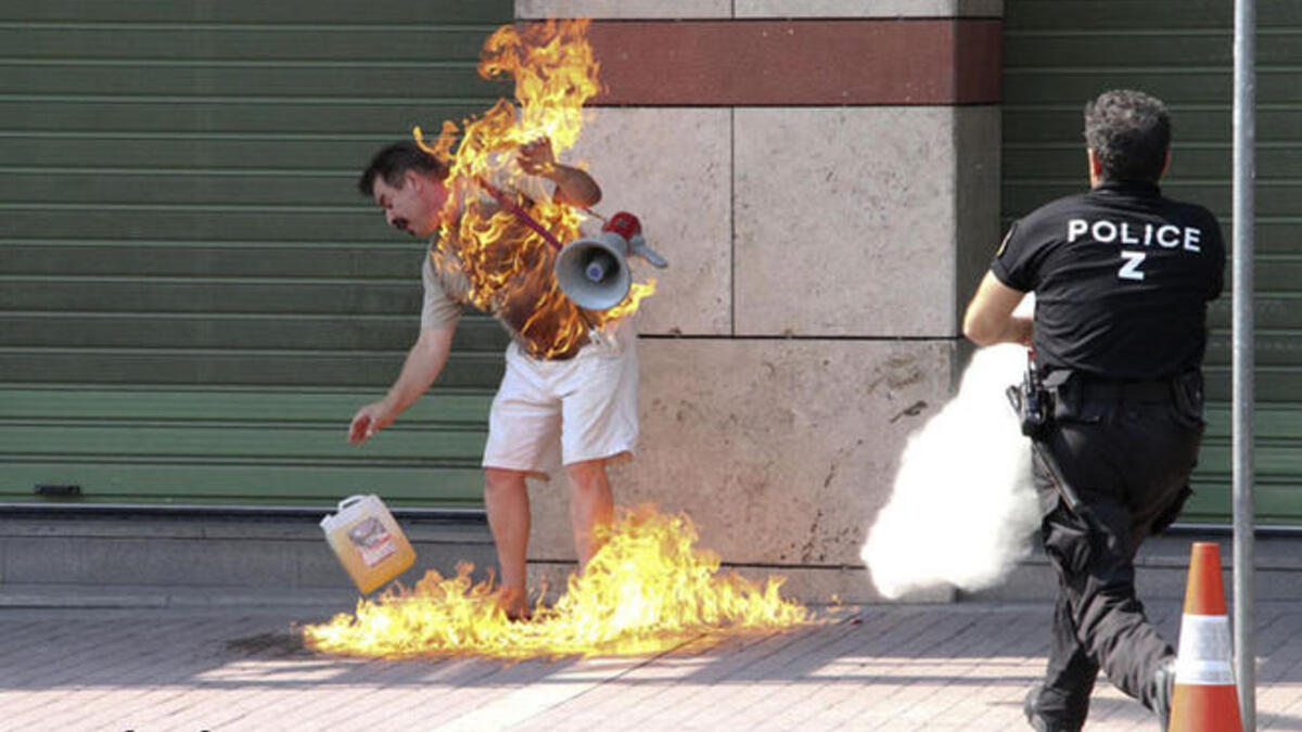 This fortuitously hapless Greek tried self-immolation multiple times before being rescued by 
bystanders who unfortunately (or fortunately) had seen this kind of thing before in a square in Tunisia. Despair from bankruptcy caused this Greek debt victim to give up in public frustration. What worked for Arabia does not necessarily cut it in Europe.