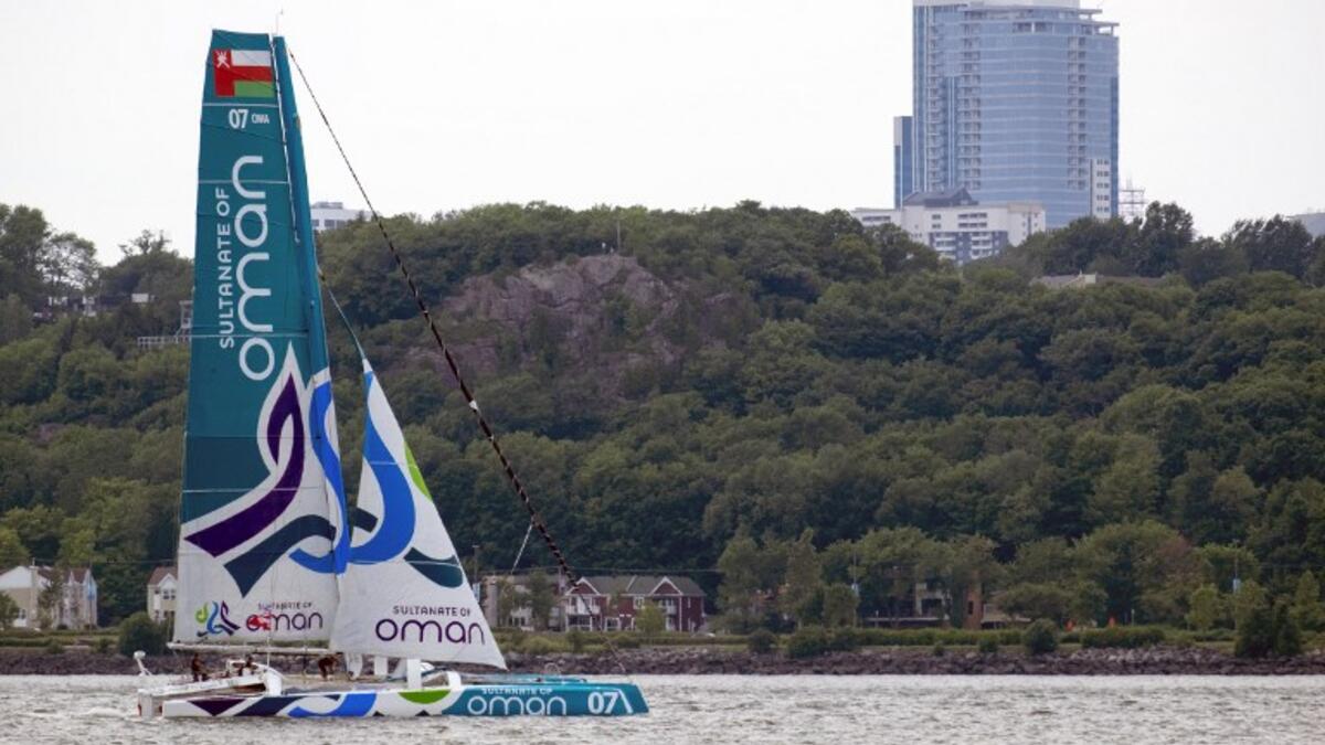 The Sultanate of Oman's Musandam-Oman Sail (Ultimate class) sails on St. Lawrence River on July 13, 2016 for the Transat Quebec Saint-Malo race in Quebec City. 
Florence Cassisi / AFP