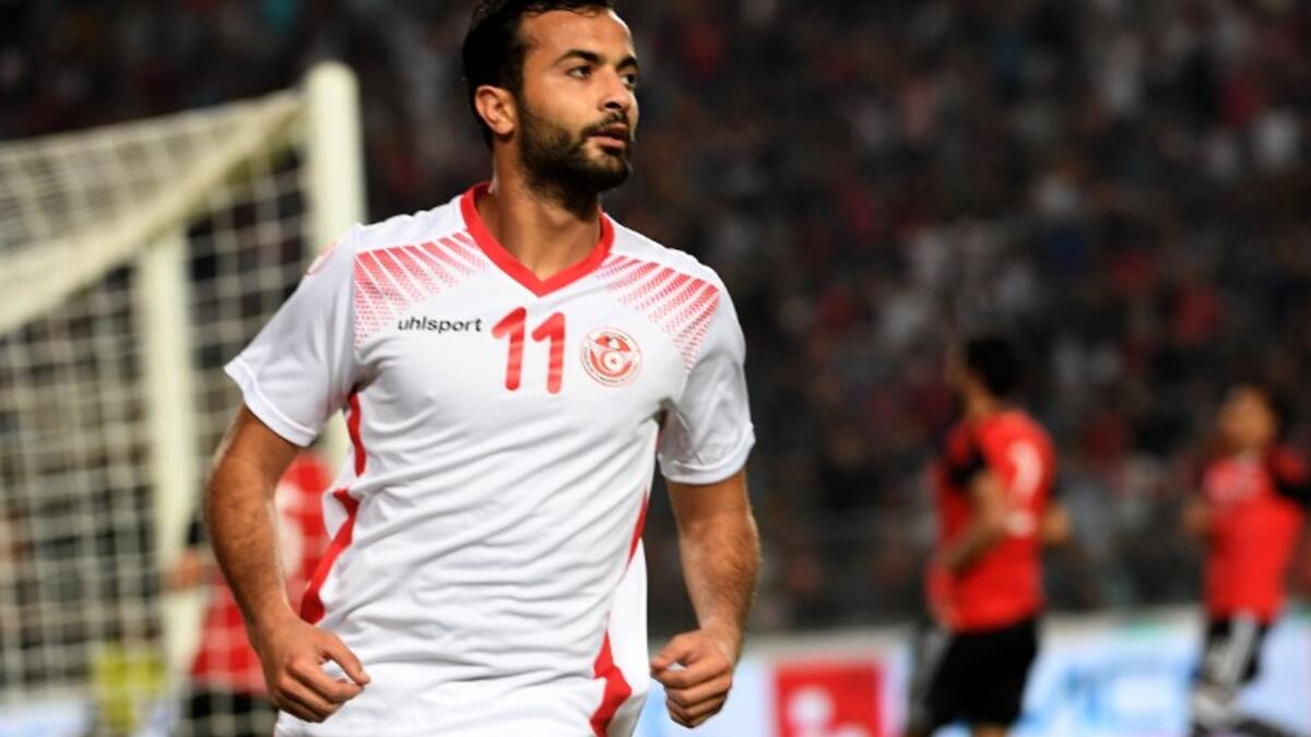 التونسي طه ياسين الخنيسي يحتفل بهدفه في شباك منتخب مصر ضمن تصفيات كأس أمم إفريقيا 2019