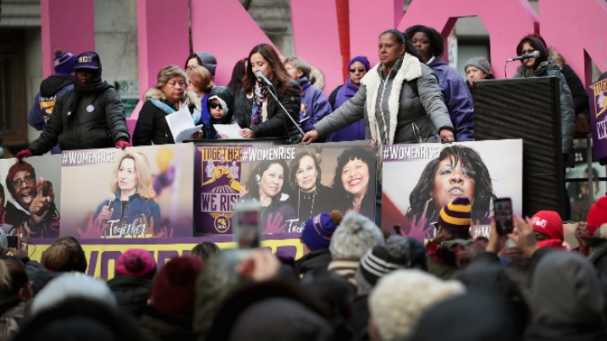 Chicago: Women, activists, and SEIU members hold a rally to celebrate International Womens Day on Mar. 8, 2018 in Chicago, Illinois. International Womens Day is an annual event held to recognize the social, economic, political, and cultural accomplishments of women. (AFP/Scott Olson)