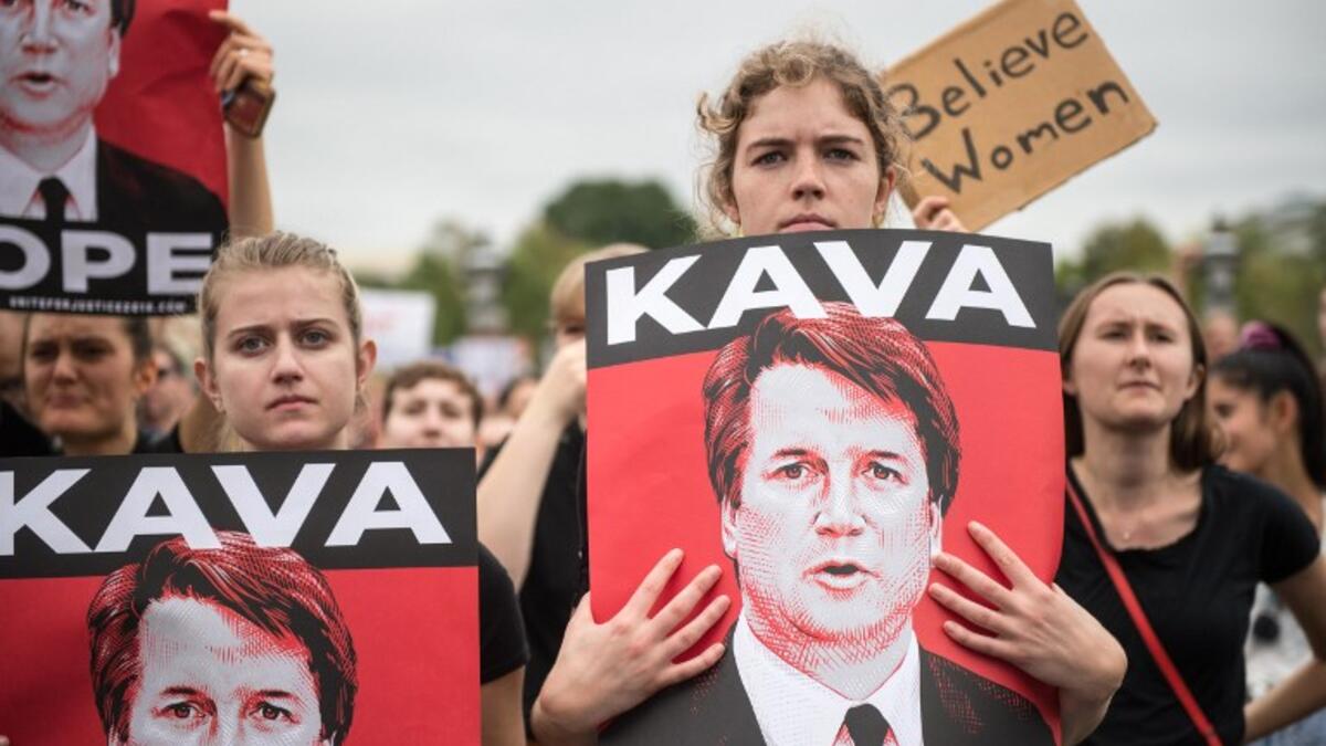 Women demonstrators protest against the appointment of Supreme Court nominee Brett Kavanaugh. (ROBERTO SCHMIDT / AFP)