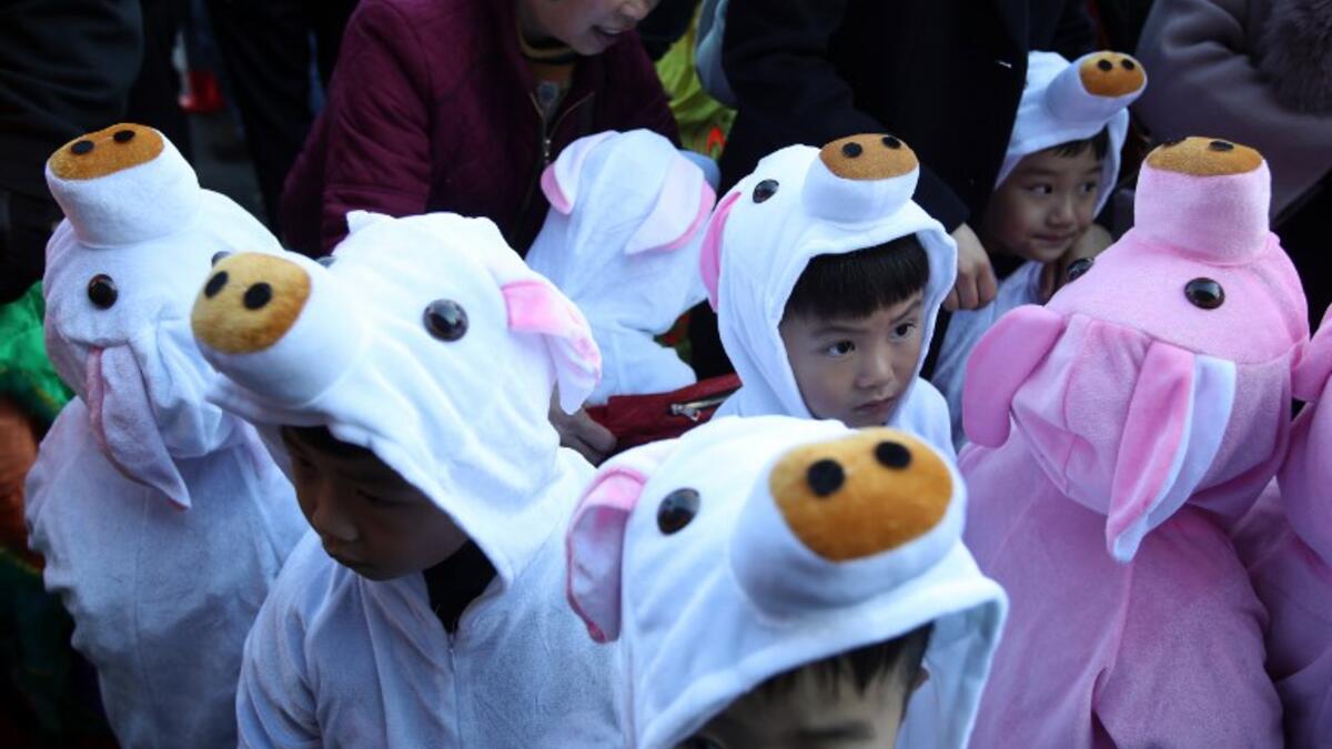 Children wear pig costumes while ushering in Chinese New Year on February 05, 2019 in San Francisco, California. JUSTIN SULLIVAN / GETTY IMAGES NORTH AMERICA / AFP