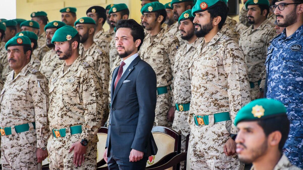 Crown Prince Al Hussein bin Abdullah II and Bahrain Royal Guard Commander Major Gen. Sheikh Nasser bin Hamad Al Khalifa attend a military drill conducted by Bahrain Royal Guards units.
(Twitter/@RHCJO)
