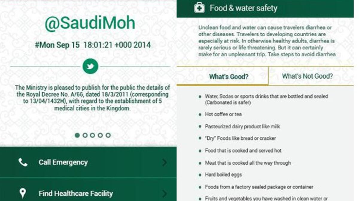 تطبيق المرافق الصحي للحاج: يمكن هذا التطبيق المستخدم من الحصول على النصائح الصحية الضرورية. كما أنه يوفر خدمة الاتصال الفورية بضباط الإسعاف أو المسؤول عن الرعاية الصحية. يسهل على المستخدم الوصول إلى أقرب مرفق صحي في مكة والمدينة والمشاعر المقدسة.