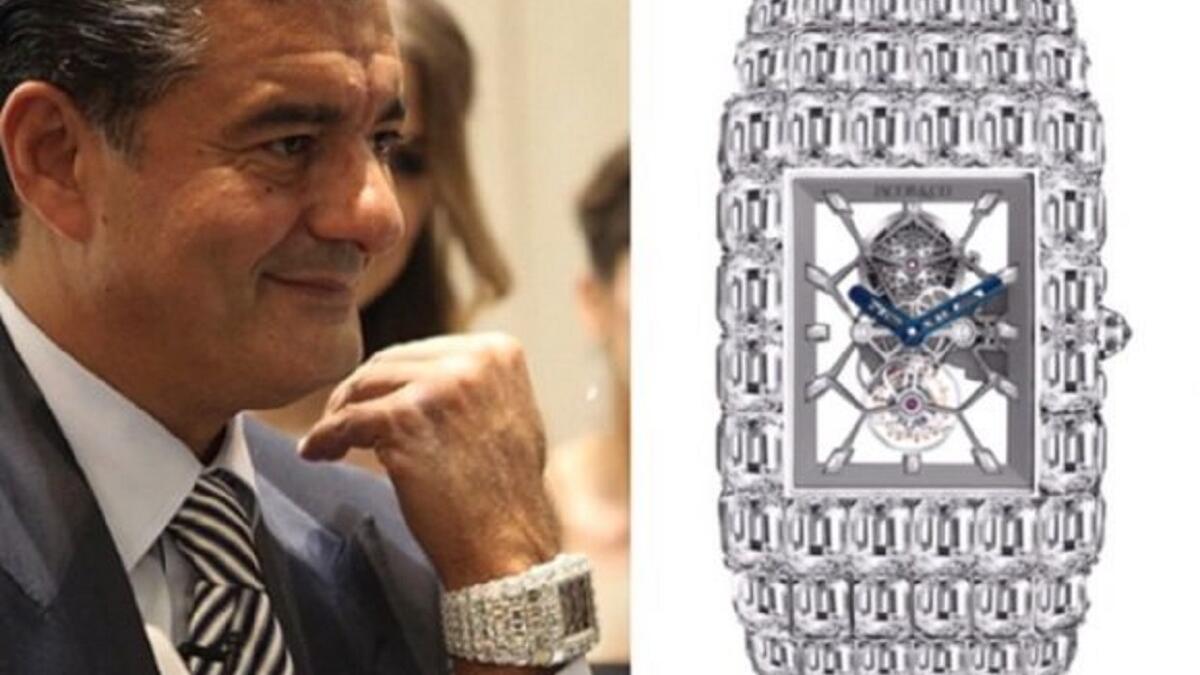 جاكوب ارابو المدير التنفيذي لـ Jacob&Co يرتدي ساعة مرصعة بـ٢٦٠ قطعة من الألماس وسكيليتون موفمنت سعرها 17868900 دولار.