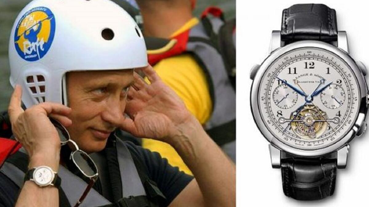 الرئيس الروسي فلاديمير بوتين يرتدي ساعة لانجي اند زونَ تيربوغراف النادرة. يبلغ سعرها 533400 دولار.