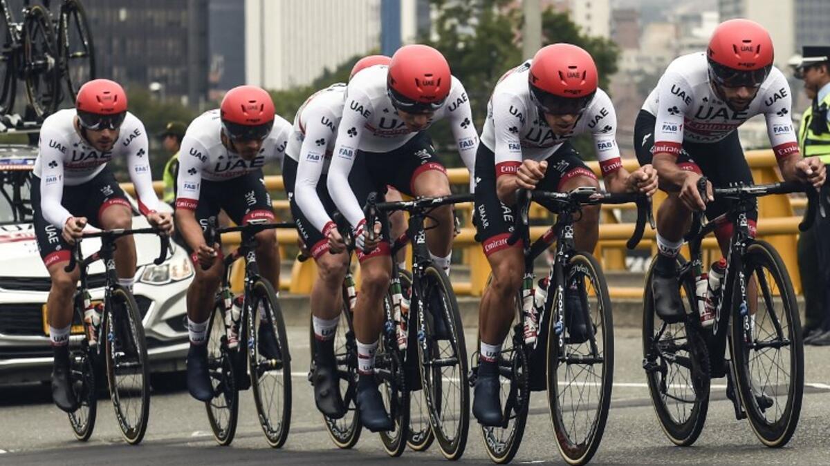 Members of Team UAE compete in team time trial of the Tour Colombia 2.1, in Medellin, Antioquia department, Colombia, on February 12, 2019. The Tour Colombia 2.1 cycling race takes place between February 12 and 17.
JOAQUIN SARMIENTO / AFP
