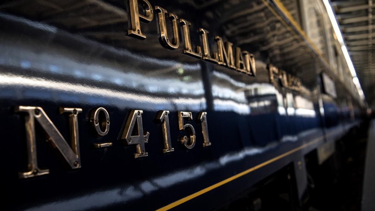 This picture taken on May 13, 2019 shows the carriage number of a restored Orient Express train displayed at the Gare de l'Est train station in Paris.  Christophe ARCHAMBAULT / AFP