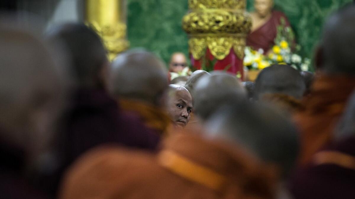 Buddhist monks attend the annual meeting of the ultra-nationalist group Buddha Dhamma Parahita Foundation, previously known as Ma Ba Tha, in Yangon on June 17, 2019.  SAI AUNG MAIN / AFP