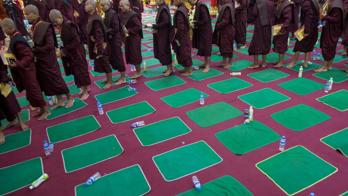 Buddhist monks attend the annual meeting of the ultra-nationalist group Buddha Dhamma Parahita Foundation, previously known as Ma Ba Tha, in Yangon on June 17, 2019.  SAI AUNG MAIN / AFP