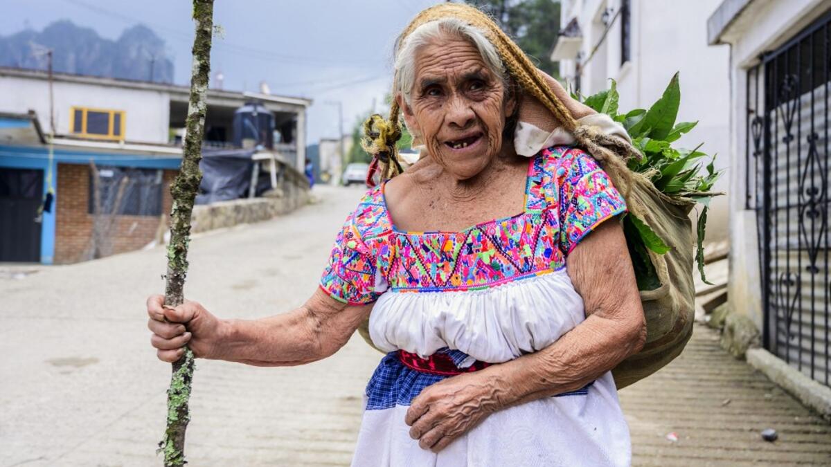 Mexican artisan of the Otomi ethnic group Josefina Jose Tavera, 87, walks in San Nicolas Village, in Tenango de Doria, Hidalgo state, Mexico.  Pedro PARDO / AFP