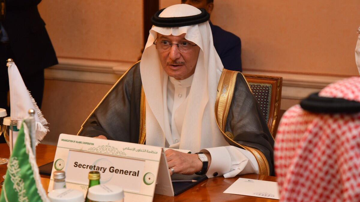 Yousef bin Ahmed Al-Othaimeen, Secretary General of the Organization of Islamic Cooperation (OIC), addresses the OIC Ministerial Contact Group on Jammu and Kashmir on the sidelines of the 14th Session of the Islamic Summit Conference (Twitter)
