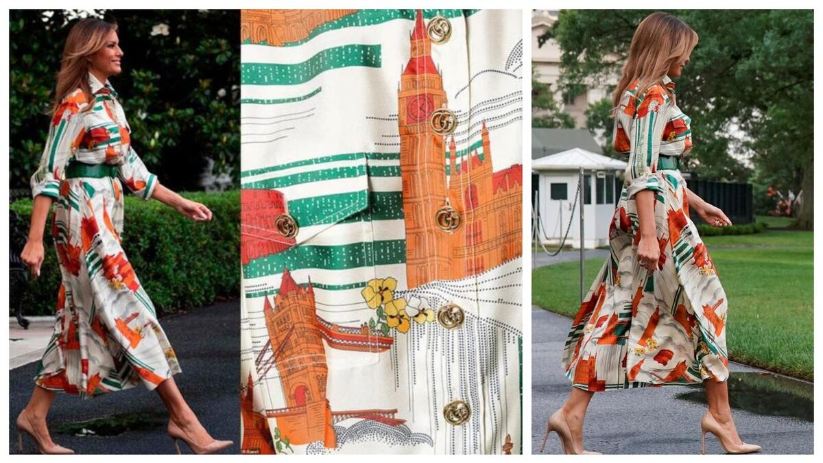 عند مغادرتها واشنطن العاصمة يوم الأحد، اختارت السيدة الأولى فستان من "غوتشي" ملوّن ومغطى بعلامات ورموز بريطانية  بالإضافة الى طبعات لعدد من المعالم السياحية في لندن البريطانية.