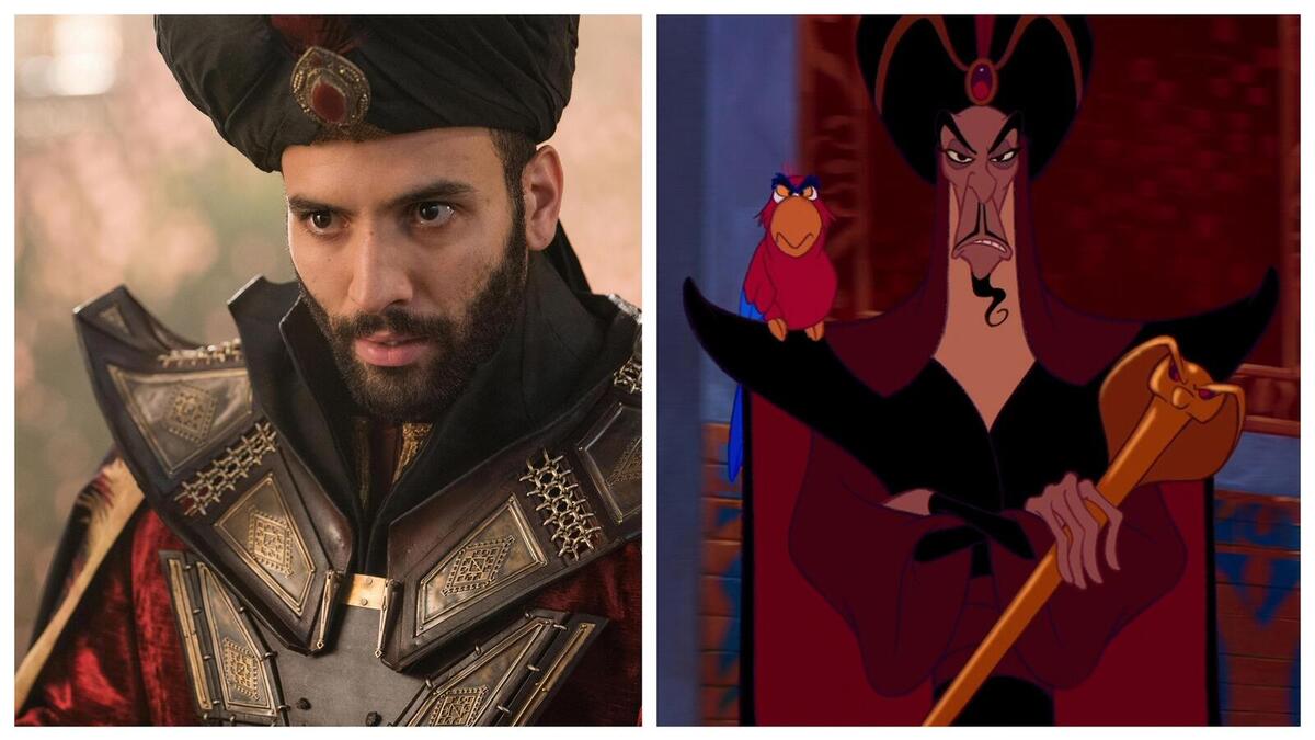 الوزير الشرير جعفر: في النسخة المحدَّثة، نلاحظ أن شخصية جعفر بعيدة كل البعد عن الشخصية الكرتونية، فملامحه أكثر شبابية، كما أنه لا يمتلك تقاسيم الوجه النحيل الطولي، أو اللحية الرفيعة المُلتفة نحو الأسفل.