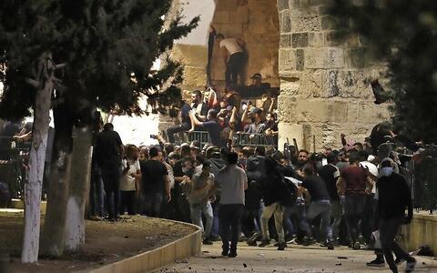 Al Aqsa Palestinians Celebrate as Hamas Rockets Fly Into West Jerusalem From Gaza 