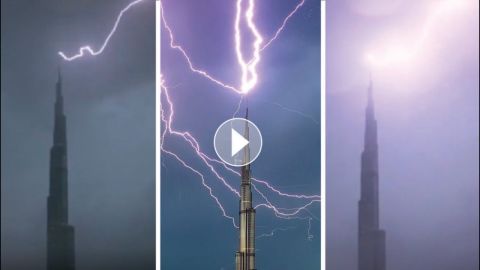 شاهد .. صاعقة رعدية تضرب قمة برج خليفة في دبي