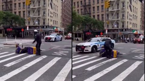 US policeman stops delivery man during Biden procession 