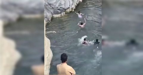 شاب سعودي ينقذ المصطافين من ثعبان ضخم في شلال الحمدة (فيديو)