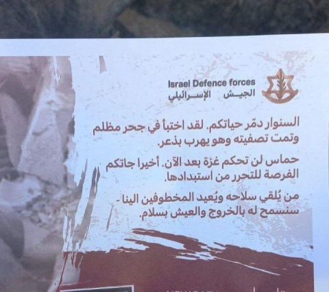 عليها صورة السنوار .... منشورات تلقيها إسرائيل على غزة وتتضمن رسالة