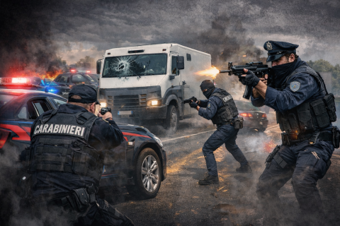 فيديو: عصابة متنكرة بزي الشرطة تهاجم شاحنة أموال 