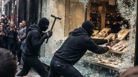 فيديو صادم: سرقة علنية.. ملثمان يحطّمان محل مجوهرات